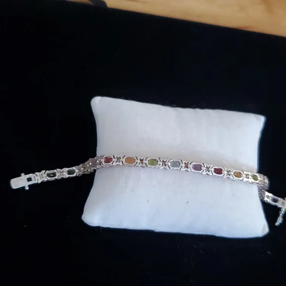 925 Sterling Silver Multi Gemstone Tennis Bracelet  Overtone Vintage - Picture 13 of 15